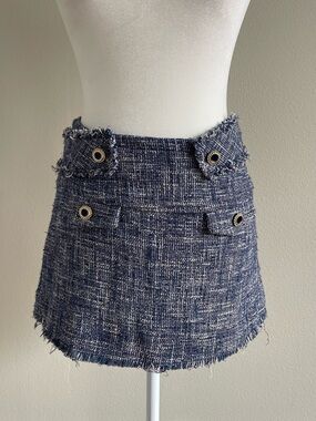 Space Style Concept Navy Tweed Frayed Mini Skort with Gold Grommets